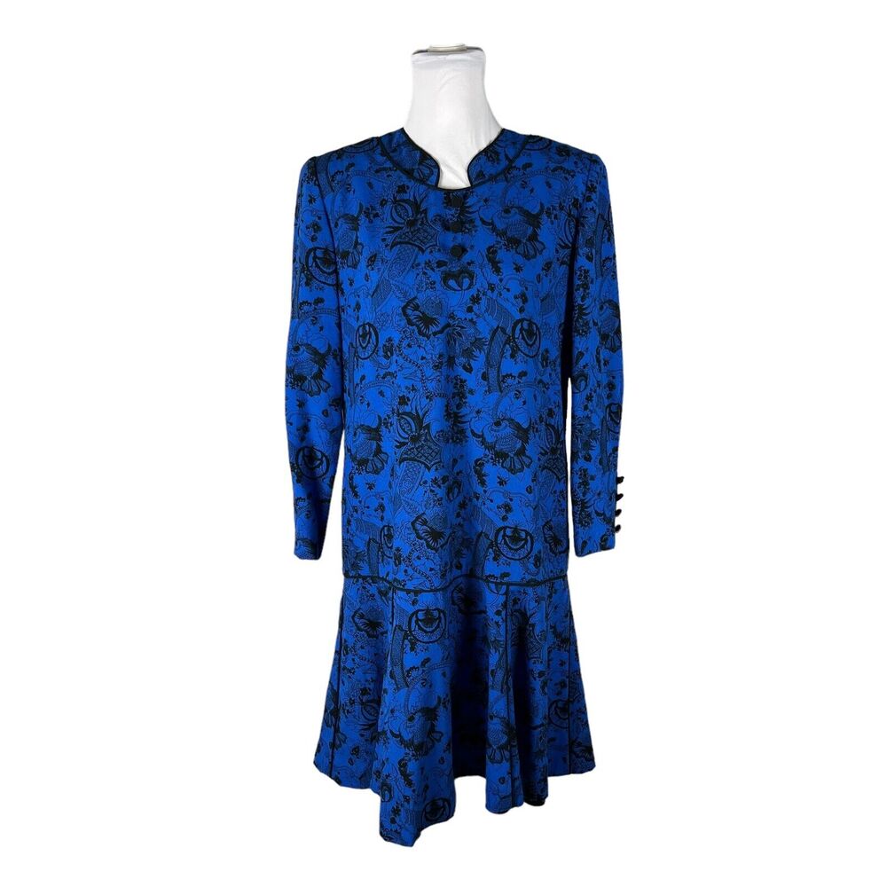 Vtg 80s Helga Wayne Kastning Shift Dress Asian Inspired Drop Waist Blue Size 14
